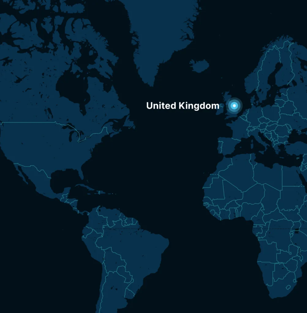 World map with the United Kingdom office marked